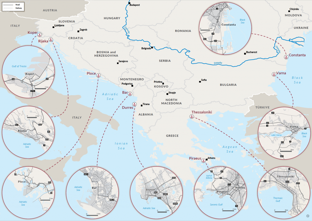 La mappa sottostante mostra i porti (in Albania, Bulgaria, Croazia, Grecia, Montenegro, Romania e Slovenia) che costituiscono la base dell'analisi di questo studio.